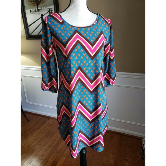 Peach Love Cream Teal Pink Geometric Print 3/4 Sleeve Loose Shift Dress Small - Picture 1 of 6